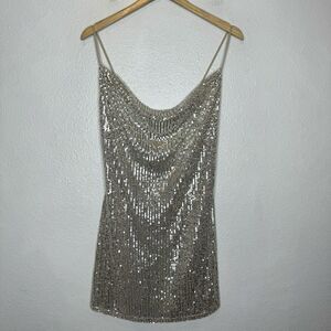 12th Tribe Silver Sequin Dress Women’s Small Cream‎ Lined Mini Sequins New